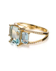 Luxe 3 Carat Emerald Cut Fancy Blue Lab Created Diamond Three Stone Engagement Ring 14 Karat Yellow Gold - Boutique Pavè