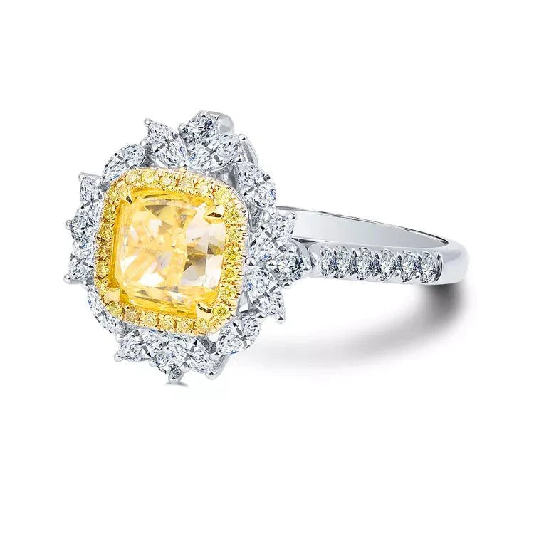 Luxurious Two Carat Cushion Cut Canary Lab Created Diamond Marquis Halo Engagement Ring 14 Karat White Gold - Boutique Pavè
