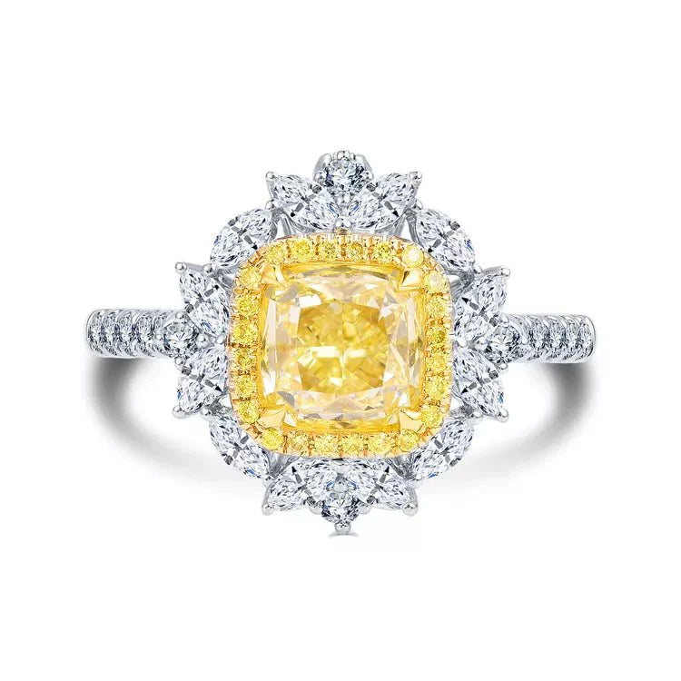 Luxurious Two Carat Cushion Cut Canary Lab Created Diamond Marquis Halo Engagement Ring 14 Karat White Gold - Boutique Pavè