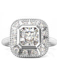 One Carat Asscher Cut Cubic Zirconia Vintage Design Engagement Ring in Platinum Plated Sterling Silver - Boutique Pavè
