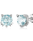 One Carat Blue Topaz Cat Design Stud Earrings in Yellow, Rose, or White Gold Plated Sterling Silver - Boutique Pavè