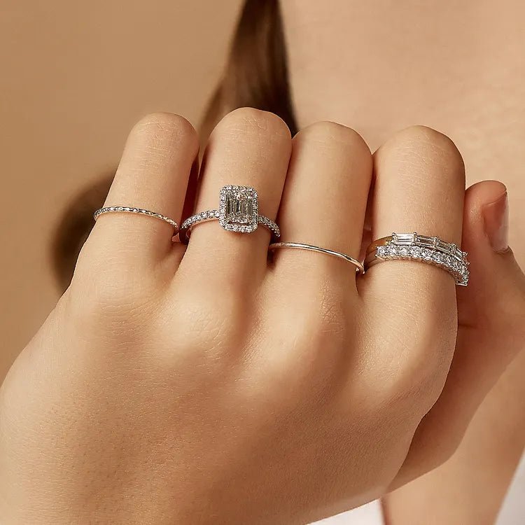 One Carat Brilliant Emerald Cut Lab Created Diamond Halo Engagement Ring in 18 Karat White Gold - Boutique Pavè