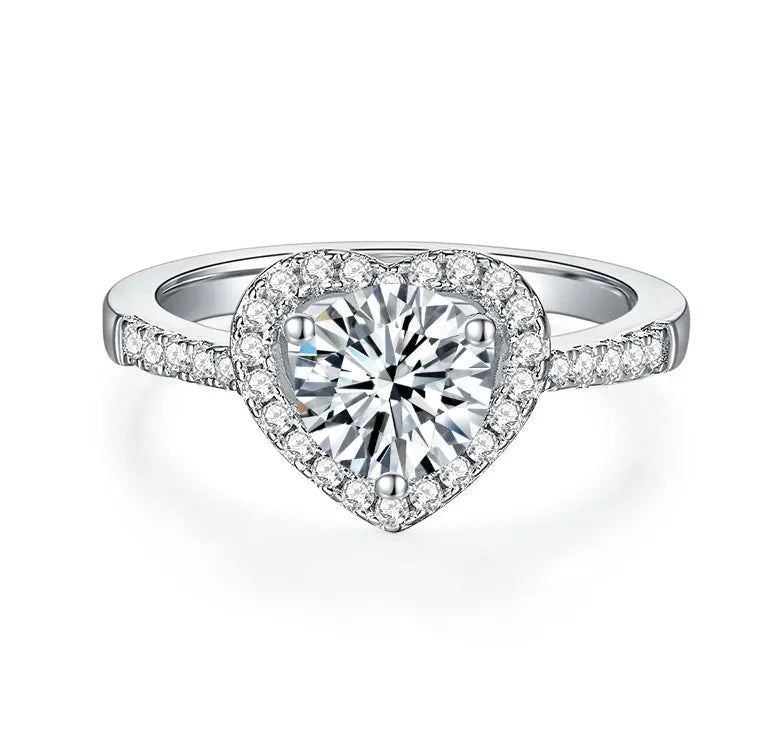 One Carat Brilliant Heart Cut Moissanite Halo Engagement Ring in Platinum Plated Sterling Silver - Boutique Pavè
