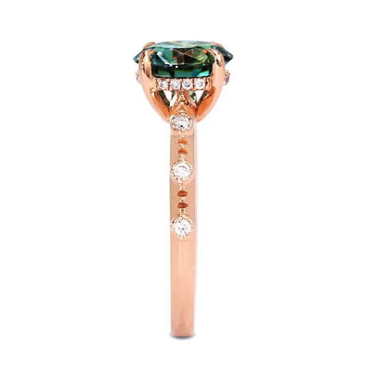One Carat Brilliant Round Cut Dark Green Moissanite Accent Solitaire Engagement Ring in 18 Karat Rose Gold - Boutique Pavè