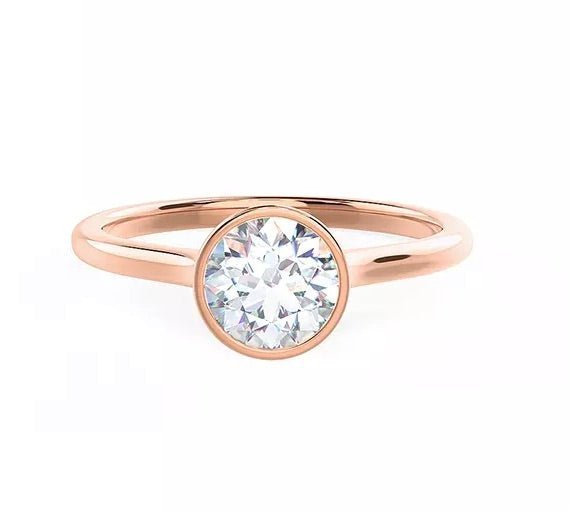One Carat Brilliant Round Cut Lab Created Diamond Bezel Solitaire Engagement Ring in 14 Karat Rose Gold - Boutique Pavè