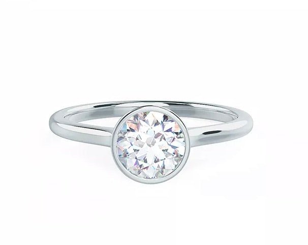 One Carat Brilliant Round Cut Lab Created Diamond Bezel Solitaire Engagement Ring in 14 Karat White Gold - Boutique Pavè
