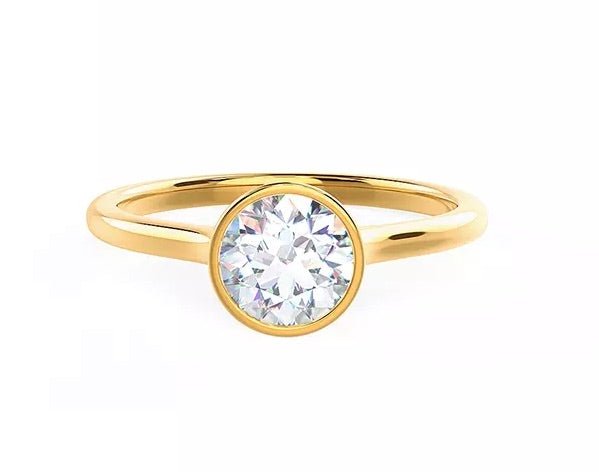 One Carat Brilliant Round Cut Lab Created Diamond Bezel Solitaire Engagement Ring in 14 Karat Yellow Gold - Boutique Pavè