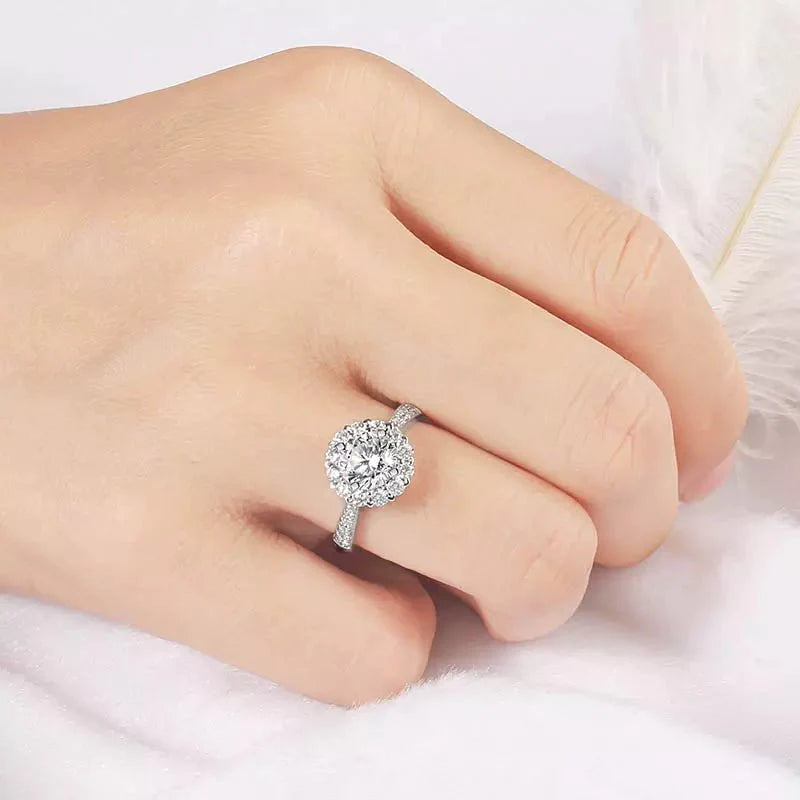 One Carat Brilliant Round Cut Lab Created Diamond Bright Halo Engagement Ring in 18 Karat White Gold - Boutique Pavè