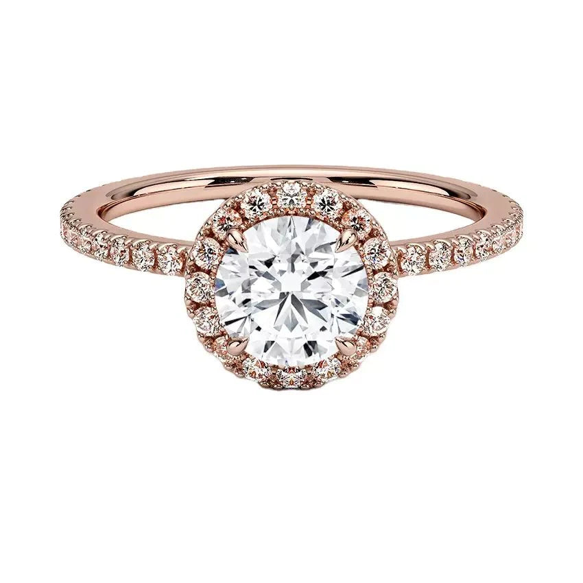 One Carat Brilliant Round Cut Lab Created Diamond Halo Engagement Ring in 18 Karat Rose Gold - Boutique Pavè