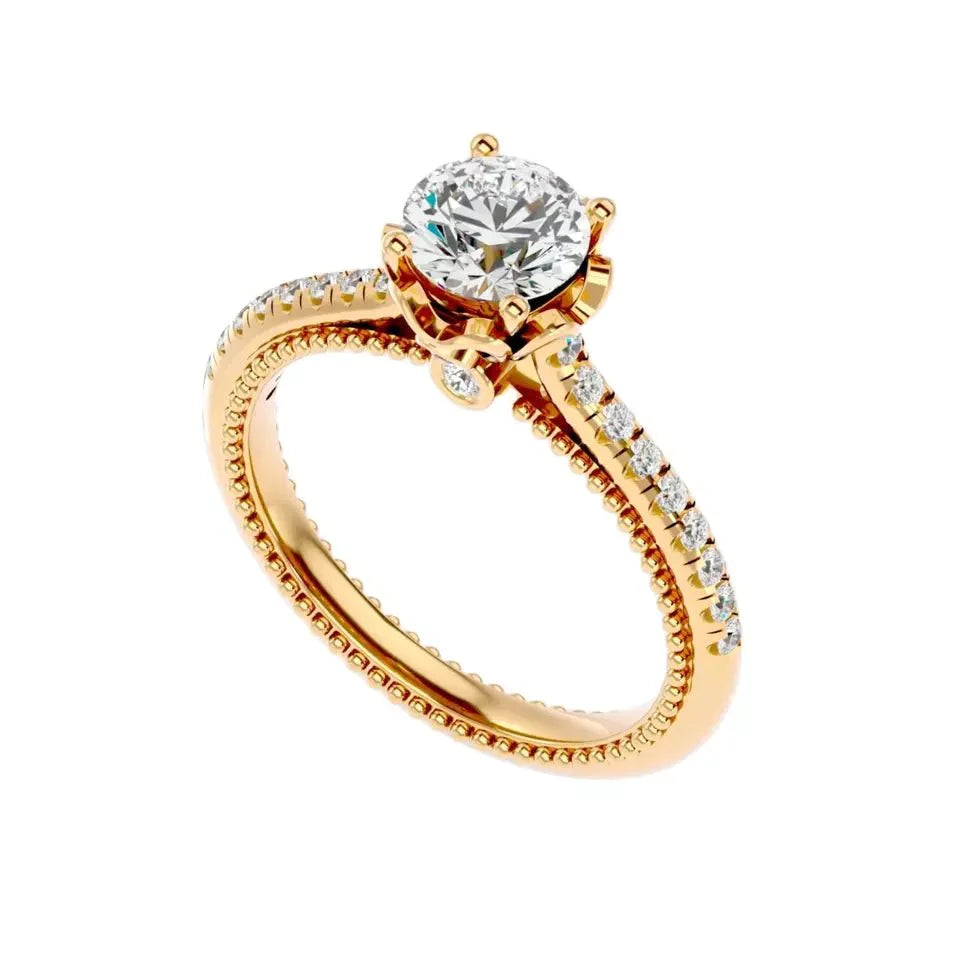 One Carat Brilliant Round Cut Lab Created Diamond Pave Solitaire Vintage Engagement Ring in 18 Karat Yellow Gold - Boutique Pavè