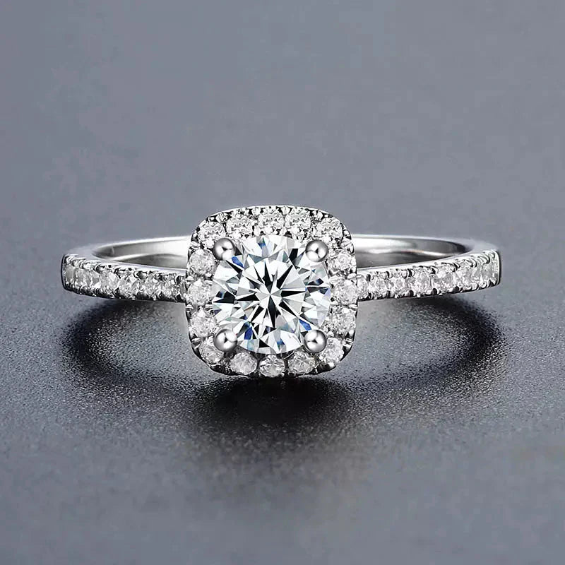 One Carat Brilliant Round Cut Lab Created Diamond Square Halo Engagement Ring in 18 Karat White Gold - Boutique Pavè