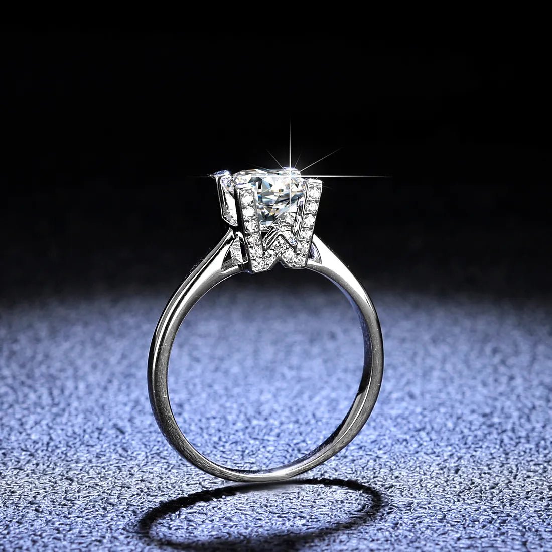 One Carat Brilliant Round Cut Moissanite Bar Prong Solitaire Engagement Ring in Platinum Plated Sterling Silver - Boutique Pavè