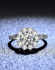 One Carat Brilliant Round Cut Moissanite Blooming Halo Engagement Ring in Platinum Plated Sterling Silver - Boutique Pavè
