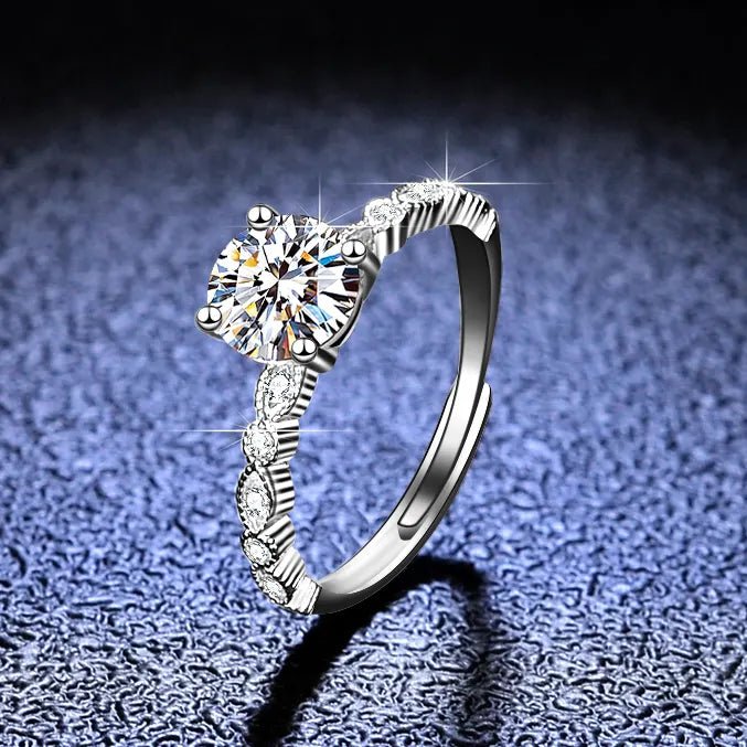 One Carat Brilliant Round Cut Moissanite Eternity Solitaire Engagement Ring in Platinum Plated Sterling Silver - Boutique Pavè