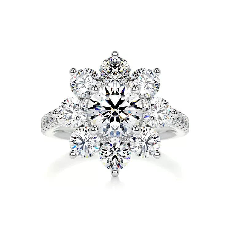 One Carat Brilliant Round Cut Moissanite Floral Design Engagement Ring in 14 Karat White Gold - Boutique Pavè