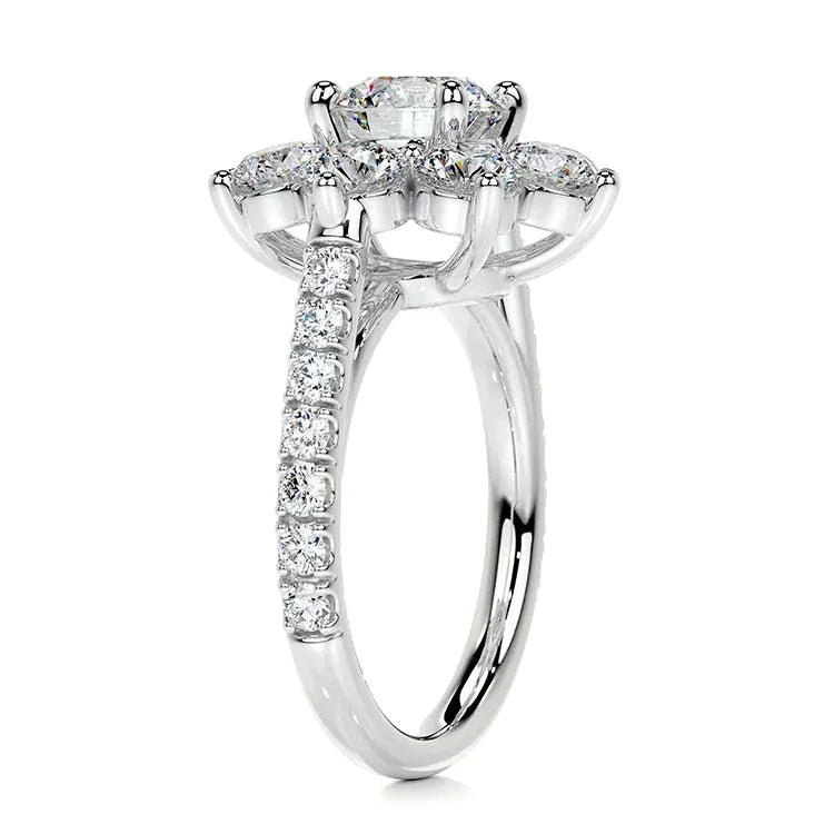 One Carat Brilliant Round Cut Moissanite Floral Design Engagement Ring in 14 Karat White Gold - Boutique Pavè