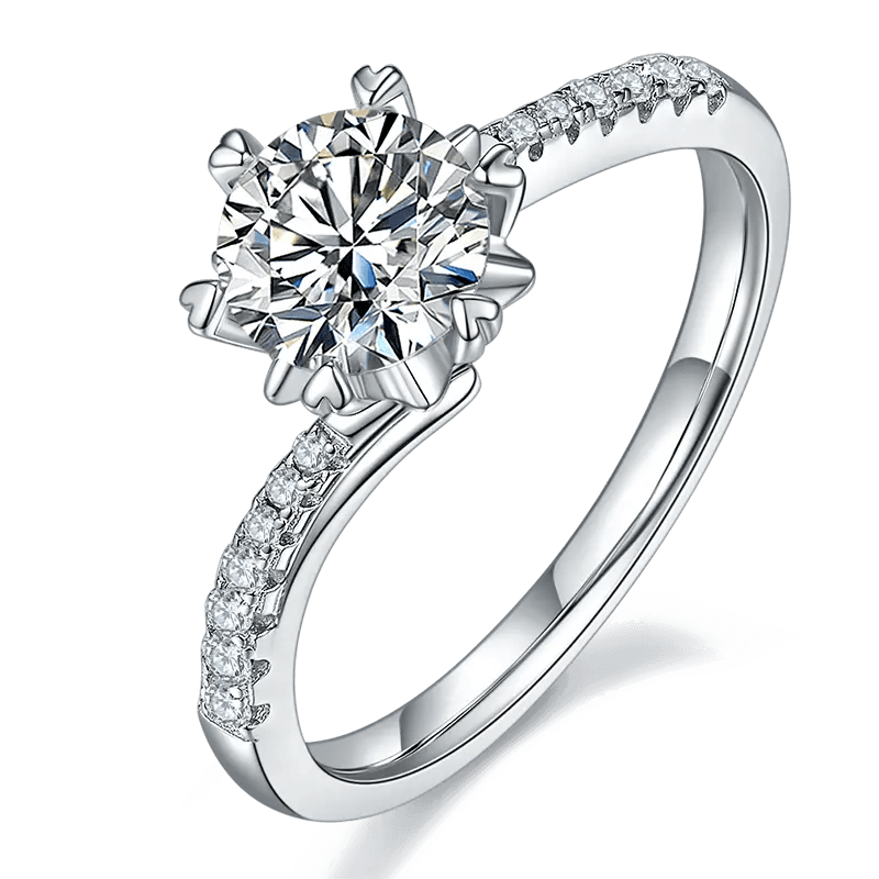 One Carat Brilliant Round Cut Moissanite Pave Solitaire Twisted Band Engagement Ring in Platinum Plated Sterling Silver - Boutique Pavè