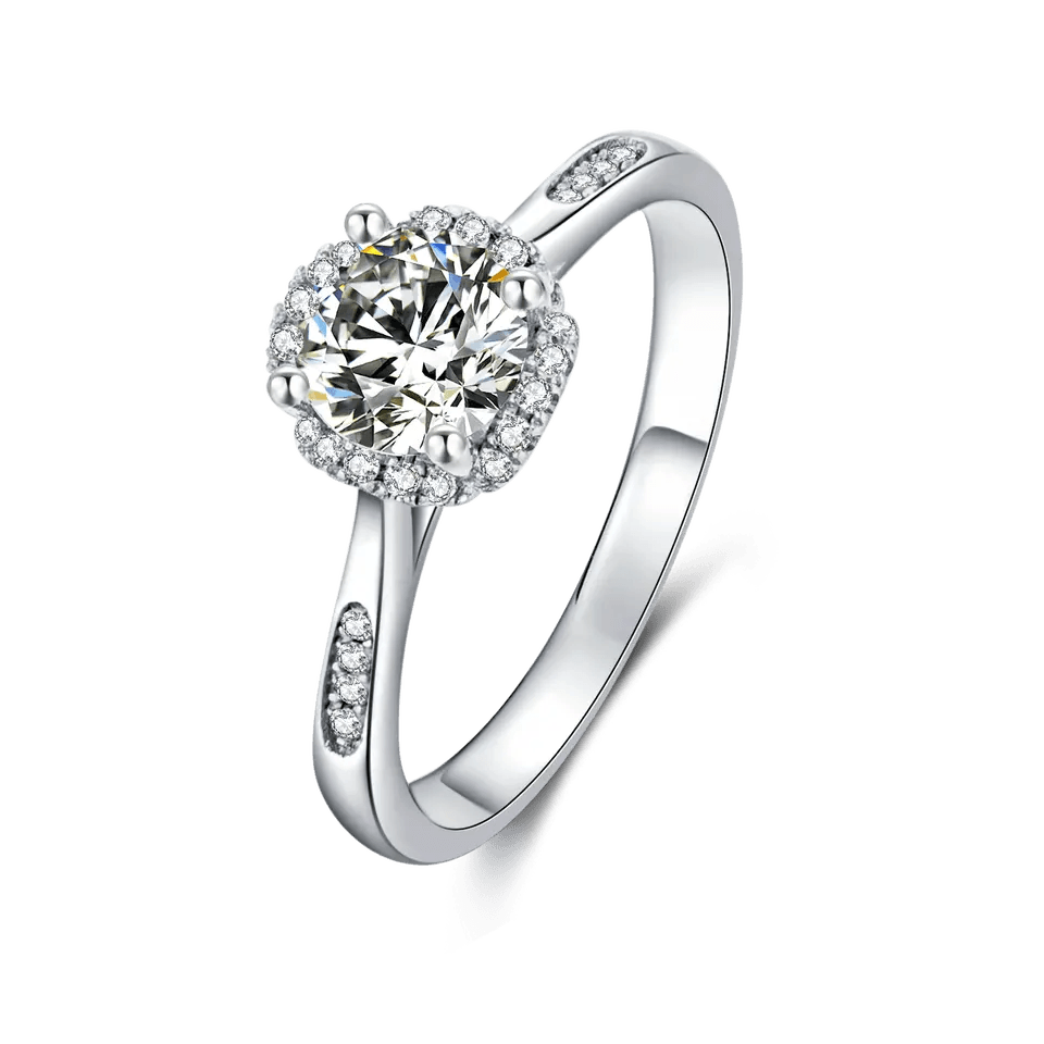 One Carat Brilliant Round Cut Moissanite Petite Halo Engagement Ring in Platinum Plated Sterling Silver - Boutique Pavè
