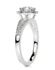 One Carat Brilliant Round Moissanite Halo Split Shank Engagement Ring in 14 Karat White Gold - Boutique Pavè