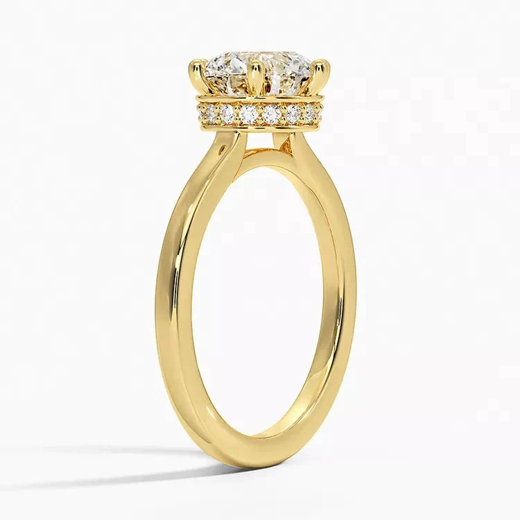 One Carat Brilliant Round Moissanite Hidden Halo Solitaire Engagement Ring in 14 Karat Yellow Gold - Boutique Pavè