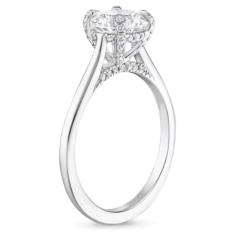 One Carat Brilliant Round Moissanite Hidden Halo Solitaire Engagement Ring in 18 Karat White Gold - Boutique Pavè