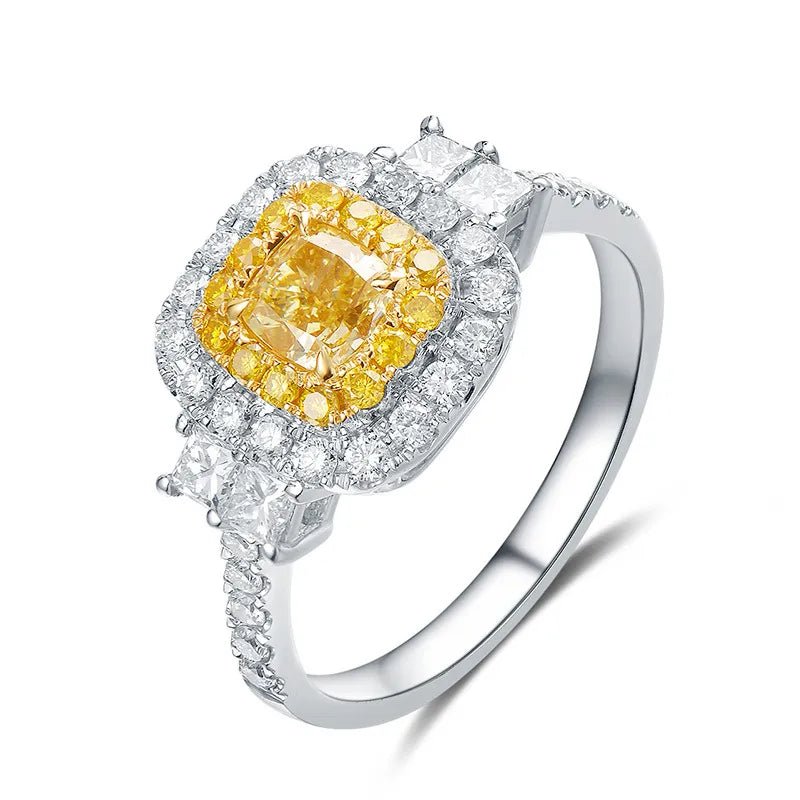 One Carat Cushion Cut Canary Cubic Zirconia Halo Engagement Ring in Platinum Plated Sterling Silver - Boutique Pavè