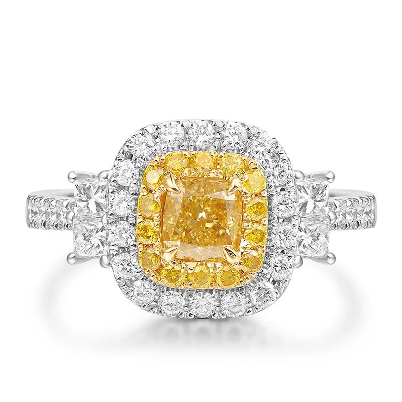 One Carat Cushion Cut Canary Cubic Zirconia Halo Engagement Ring in Platinum Plated Sterling Silver - Boutique Pavè