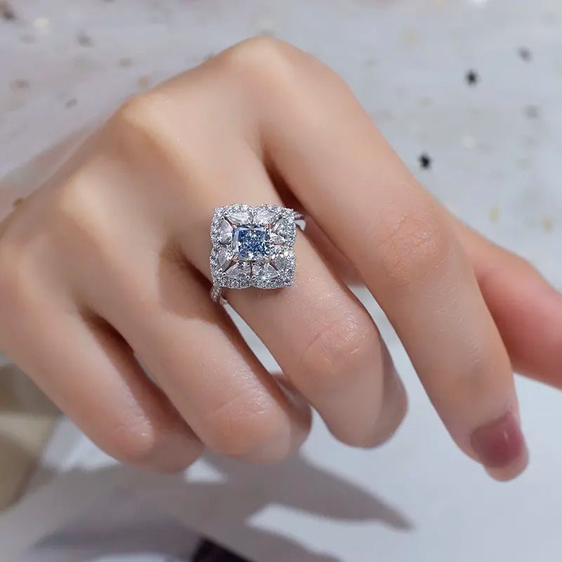 One Carat Cushion Cut Lab Created Diamond Fancy Cluster Statement Ring in 18 Karat White Gold - Boutique Pavè