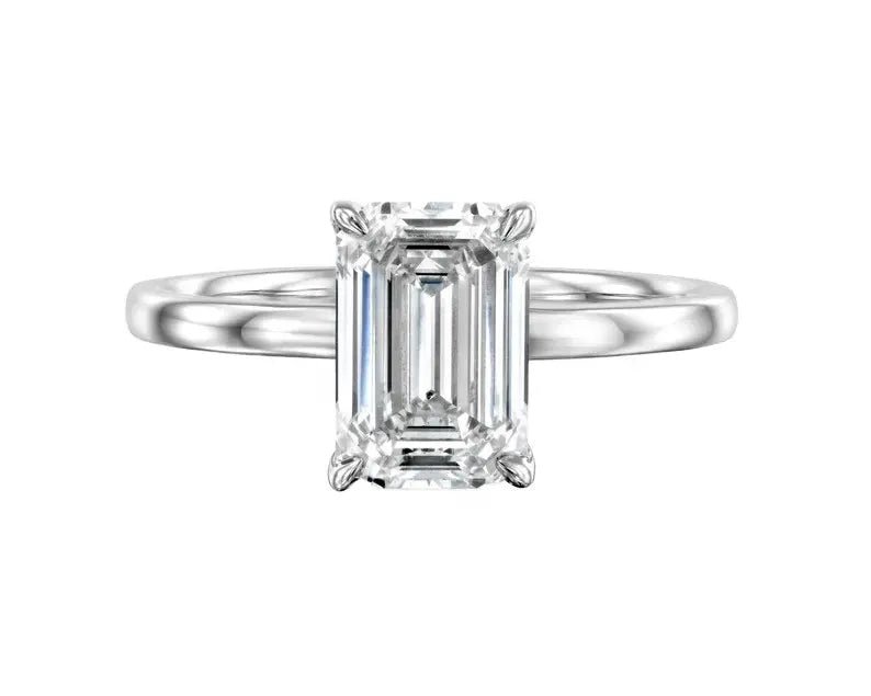 One Carat Elongated Emerald Cut Lab Created Diamond Solitaire Engagement Ring in 14 Karat White Gold - Boutique Pavè