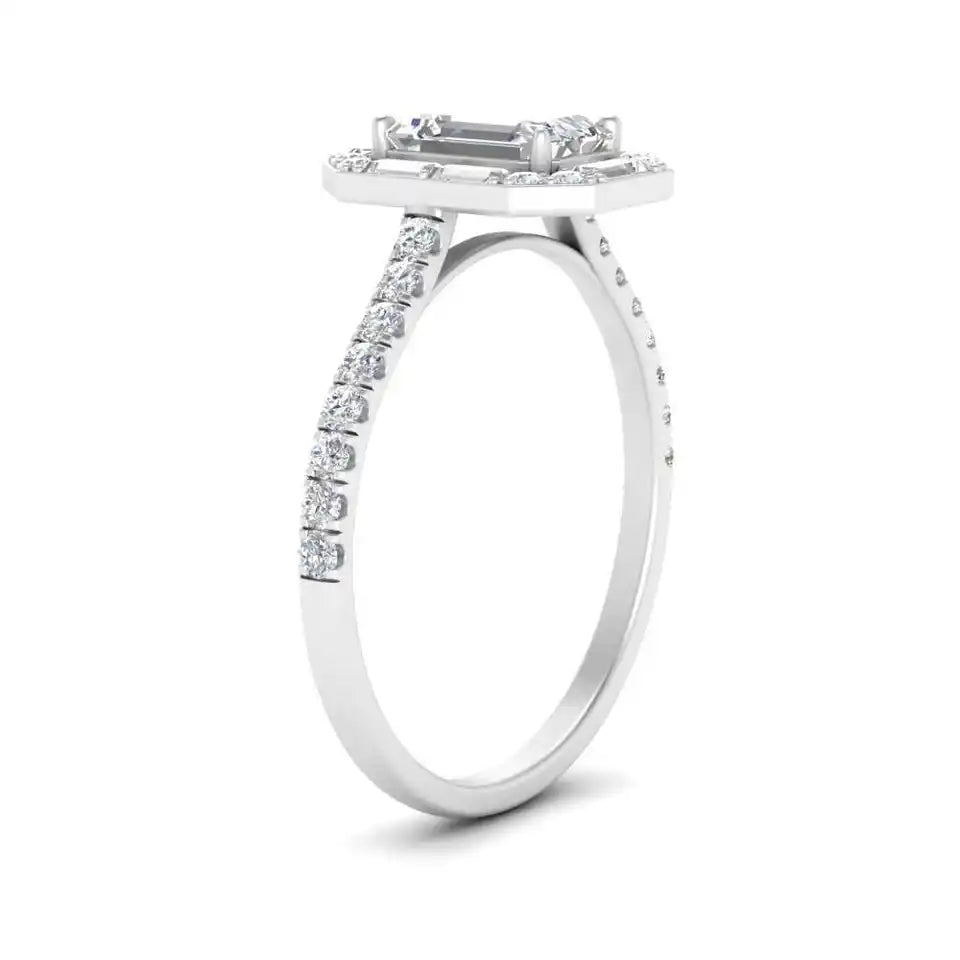 One Carat Emerald Cut Lab Created Diamond Fancy Halo Engagement Ring in 10 Karat White Gold - Boutique Pavè