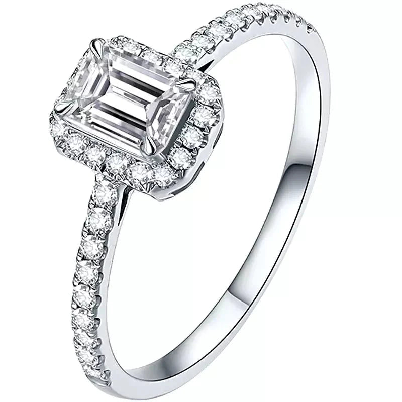 One Carat Emerald Cut Lab Created Diamond Halo Engagement Ring in 18 Karat White Gold - Boutique Pavè