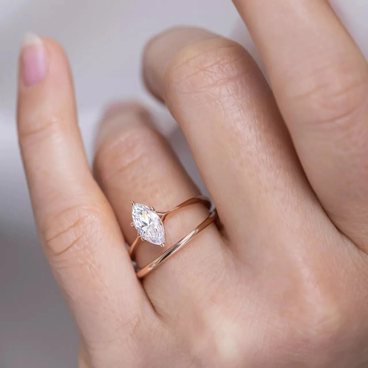 One Carat Marquise Cut Moissanite Solitaire Engagement Ring in 14 Karat Rose Gold - Boutique Pavè