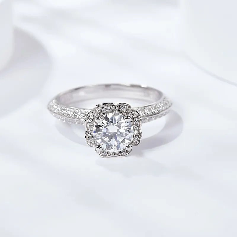 One Carat Moissanite Fancy Halo Engagement Ring in Platinum Plated Sterling Silver - Boutique Pavè