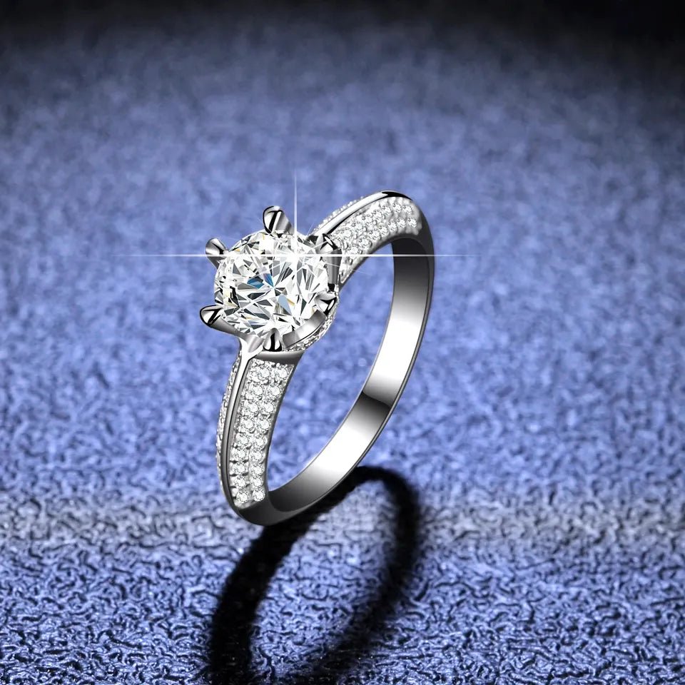 One Carat Moissanite Fancy Pave Solitaire Engagement Ring in Platinum Plated Sterling Silver - Boutique Pavè