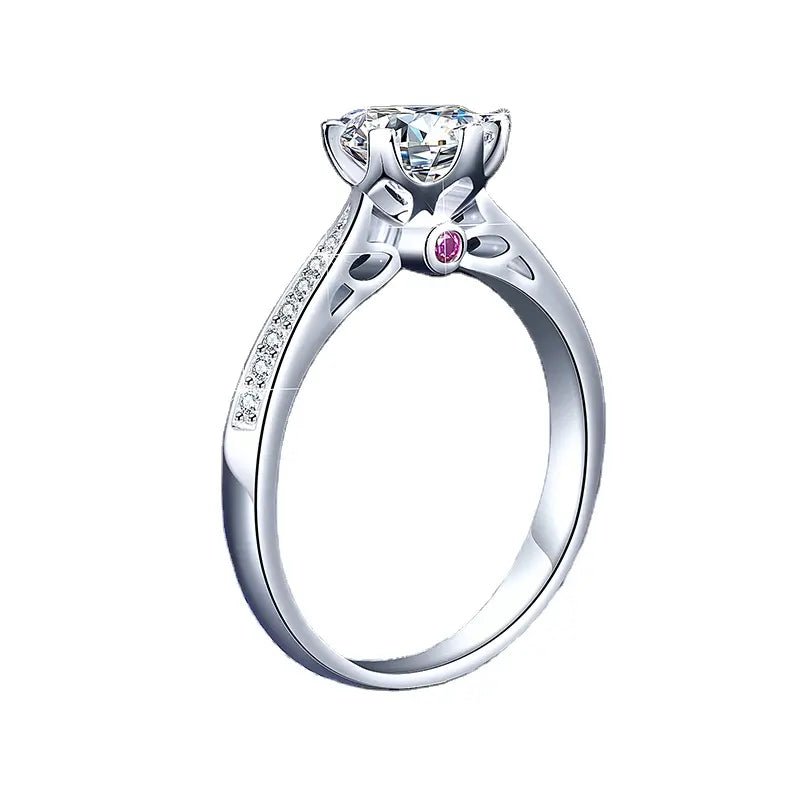 One Carat Moissanite Fancy Pink Bridge Accent Engagement Ring in Platinum Plated Sterling Silver - Boutique Pavè