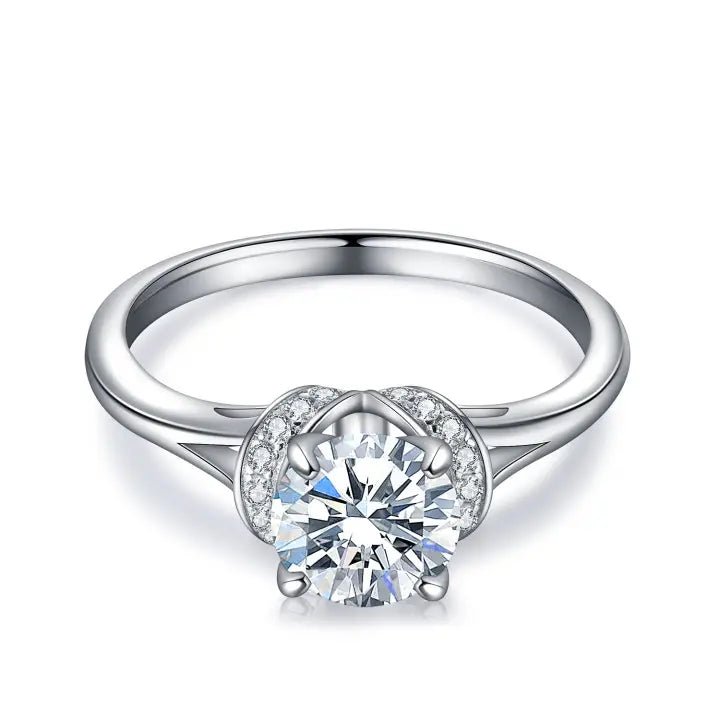 One Carat Moissanite Fancy Solitaire Engagement Ring in Platinum Plated Sterling Silver - Boutique Pavè