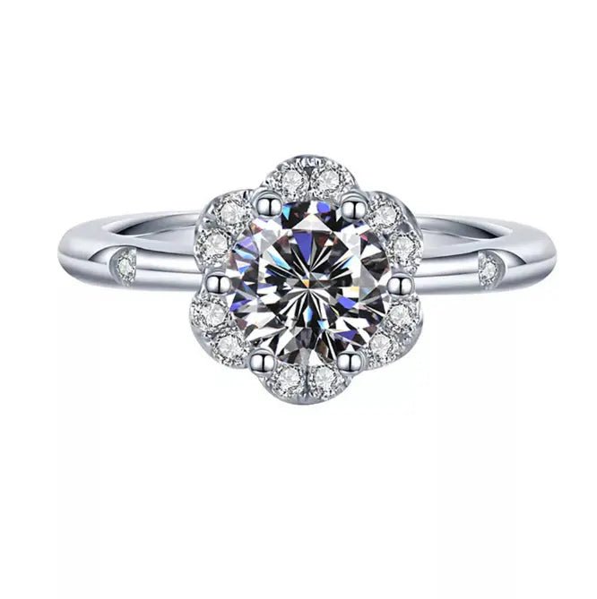 One Carat Moissanite Flower Shaped Halo Engagement Ring in Platinum Plated Sterling Silver - Boutique Pavè