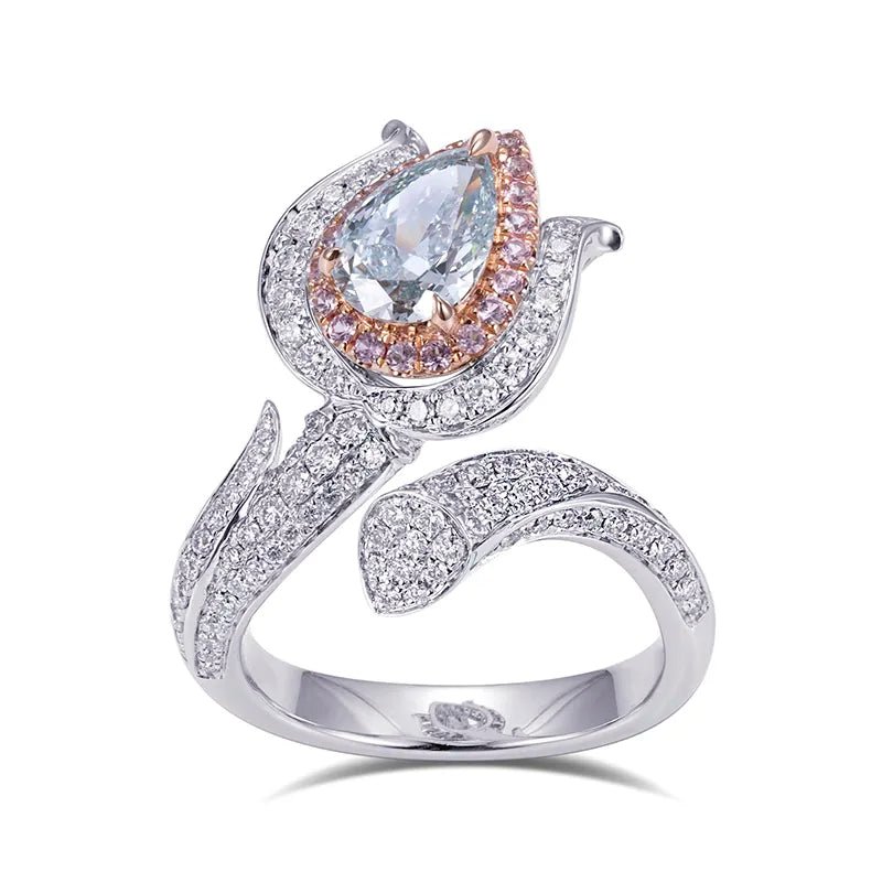 One Carat Pear Cut Lab Created Fancy Blue and Pink Diamond Flower Engagement Ring in 18 Karat White Gold - Boutique Pavè
