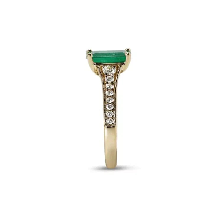One Carat Princess Cut Lab Created Emerald and Moissanite Pave Solitaire Engagement Ring in 18 Karat Yellow Gold - Boutique Pavè