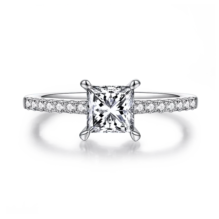 One Carat Princess Cut Moissanite Pave Solitaire Engagement Ring in 18 Karat White Gold - Boutique Pavè