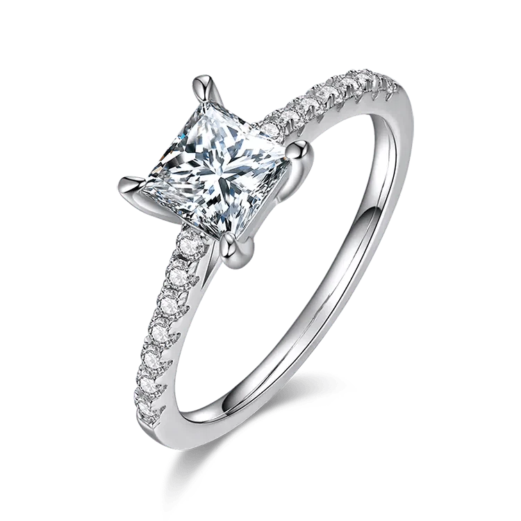 One Carat Princess Cut Moissanite Pave Solitaire Engagement Ring in 18 Karat White Gold - Boutique Pavè