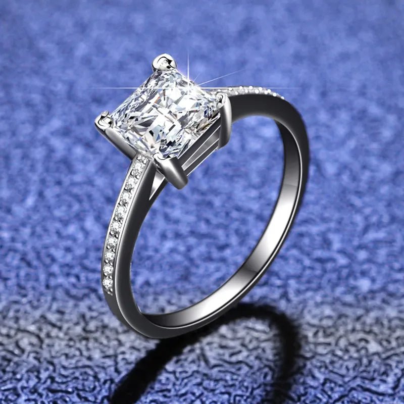 One Carat Princess Cut Moissanite Pave Solitaire Engagement Ring in Platinum Plated Sterling Silver - Boutique Pavè