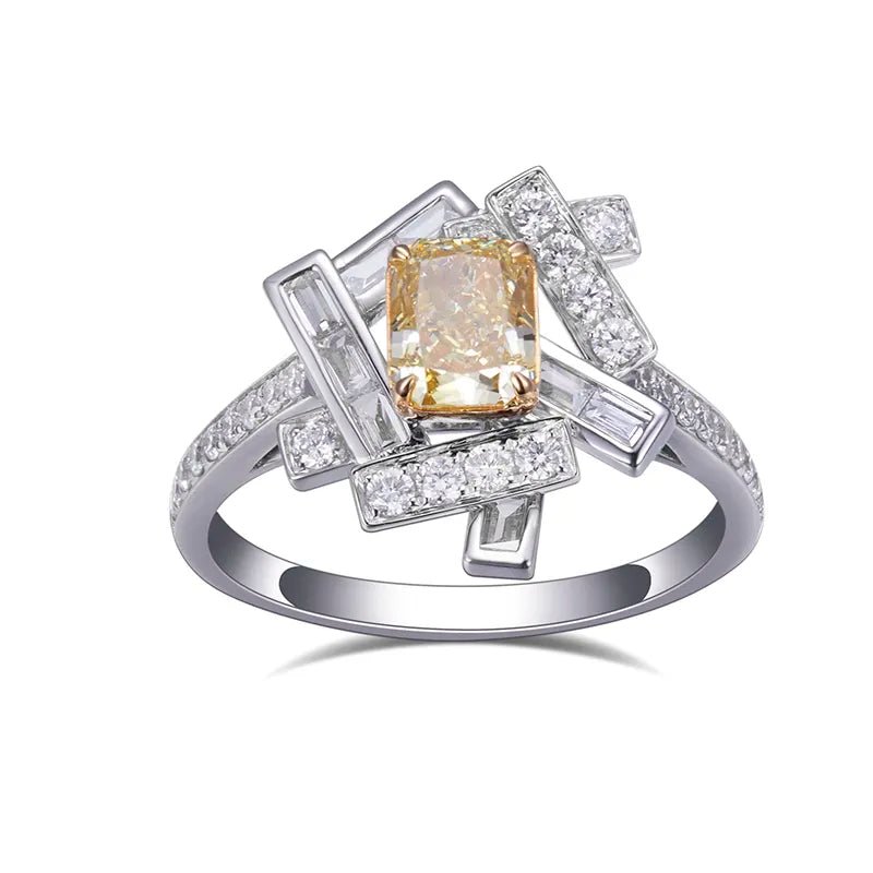 One Carat Radiant Cut Lab Created Yellow Diamond Geometric Halo Statement Ring in 18 Karat White Gold - Boutique Pavè