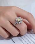 One Carat Radiant Cut Lab Created Yellow Diamond Geometric Halo Statement Ring in 18 Karat White Gold - Boutique Pavè