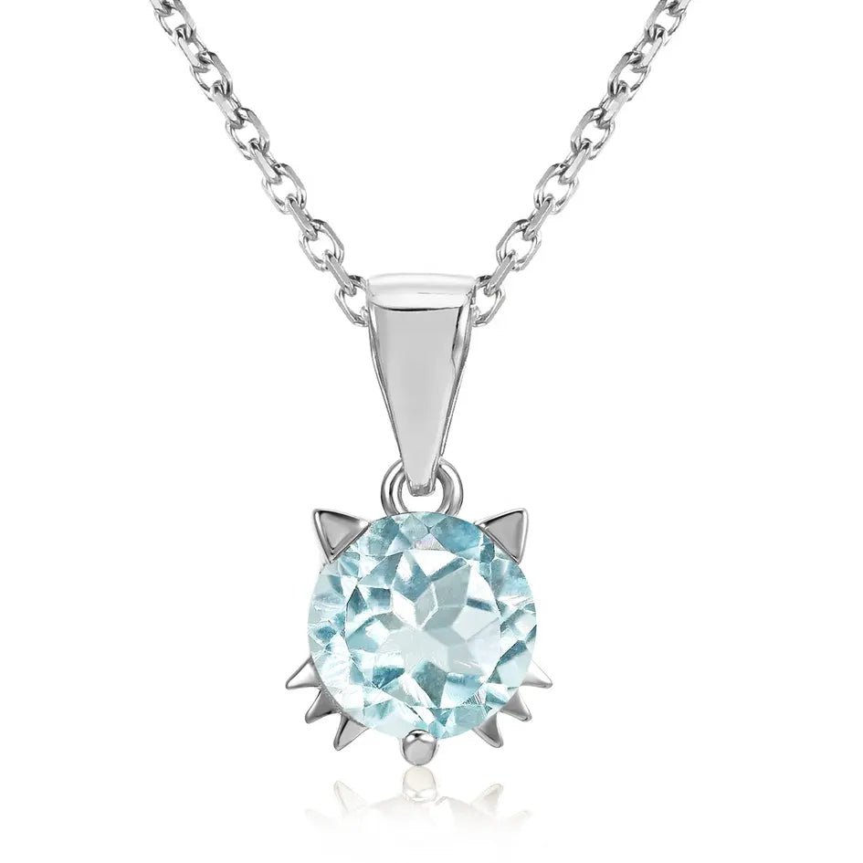 One Carat Round Blue Topaz Cat Pendant in Yellow, Rose, or White Gold Plated Sterling Silver - Boutique Pavè