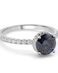 One Carat Round Cut Blue Moissanite Solitaire Secret Halo Engagement Ring in 14 Karat White Gold - Boutique Pavè