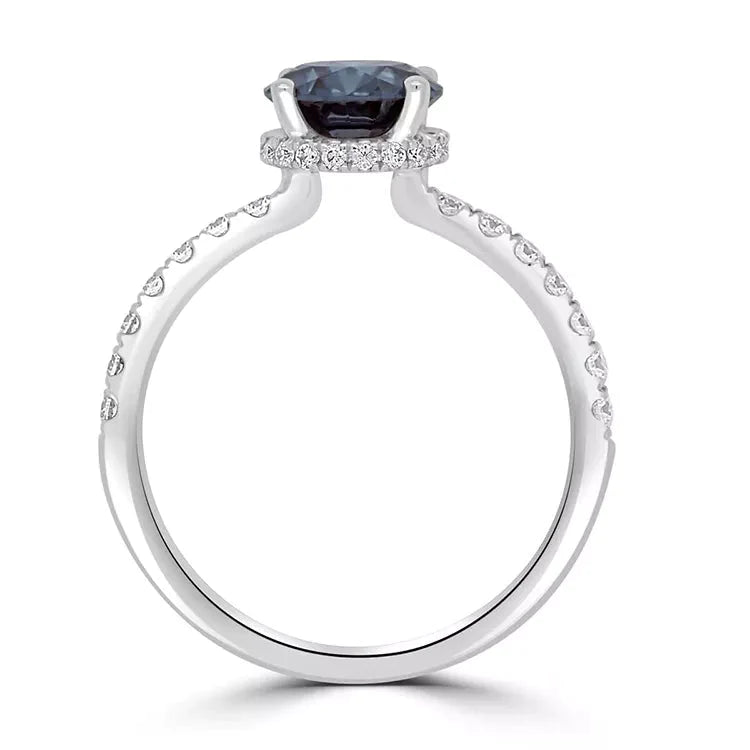 One Carat Round Cut Blue Moissanite Solitaire Secret Halo Engagement Ring in 14 Karat White Gold - Boutique Pavè