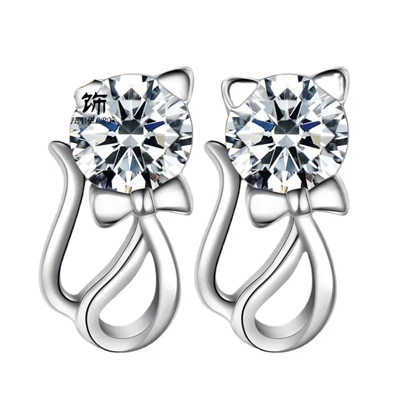 One Carat Round Cut Cubic Zirconia Cat in a Bow Stud Earrings - Boutique Pavè