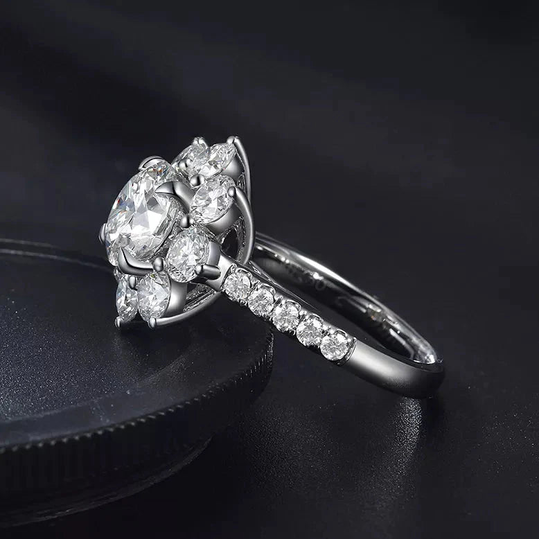 One Carat Round Cut Lab Created Diamond Flower Design Engagement Ring in 18 Karat White Gold - Boutique Pavè