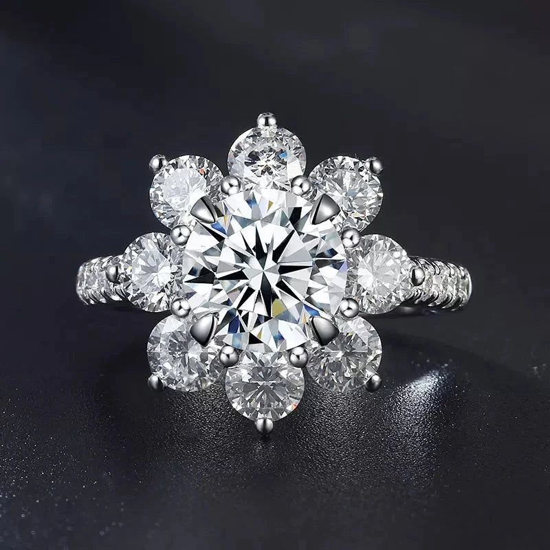 One Carat Round Cut Lab Created Diamond Flower Design Engagement Ring in 18 Karat White Gold - Boutique Pavè